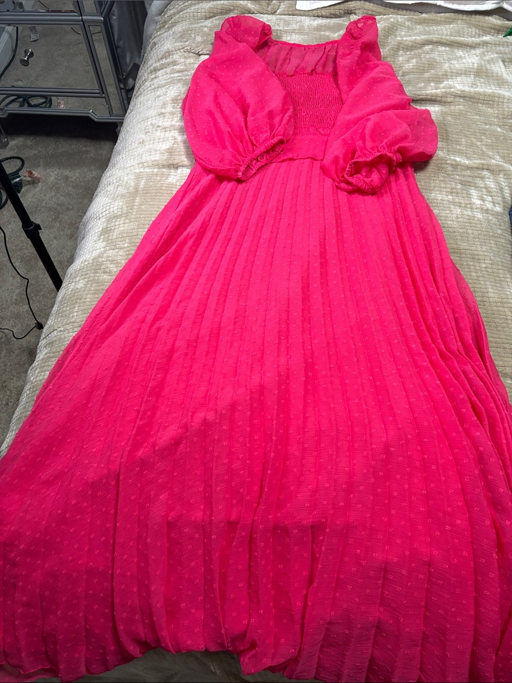 ASOS Hot Pink Pleated Midi Dress with Puff Sleeves